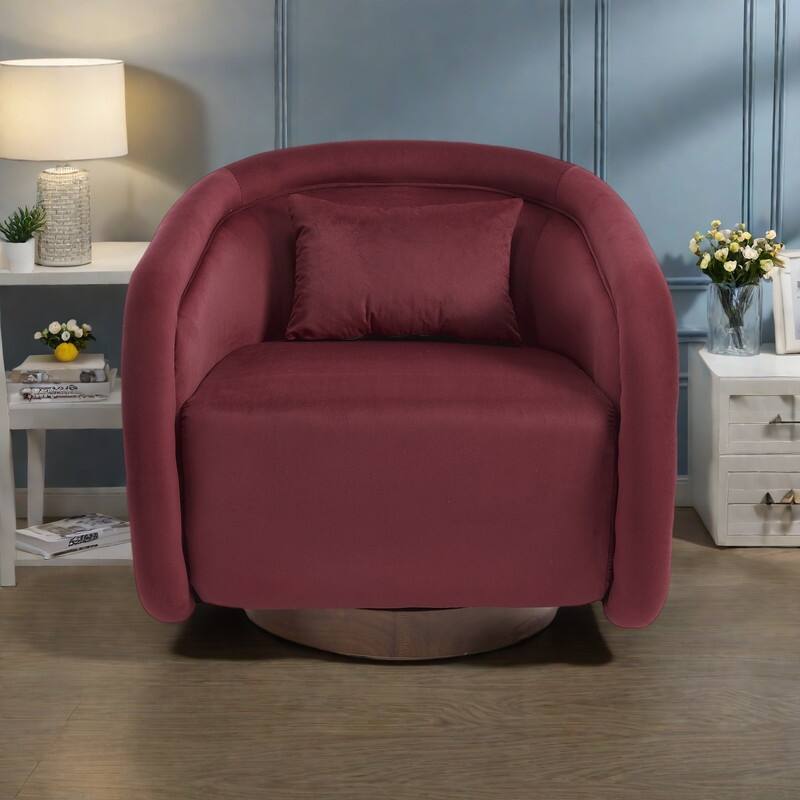 Velvet Swivel 360° Rotating Barrel Chair with Solid Rubberwood Base and High-Density Foam - WINE RED
