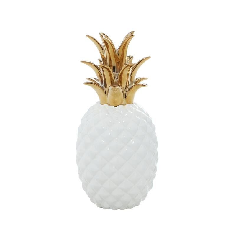 CosmoLiving by Cosmopolitan White Porcelain Ceramic Faceted Pineapple Fruit Decorative Sculpture with Gold Leaves
