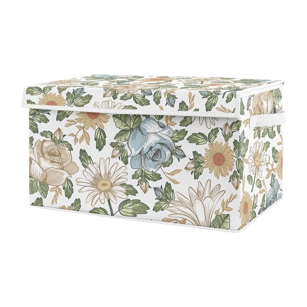slide 2 of 4, Vintage Floral Blue Yellow Fabric Toy Bin Storage Green Gold Orange Taupe White Shabby Chic Rose Flower Boho Bohemian Farmhouse