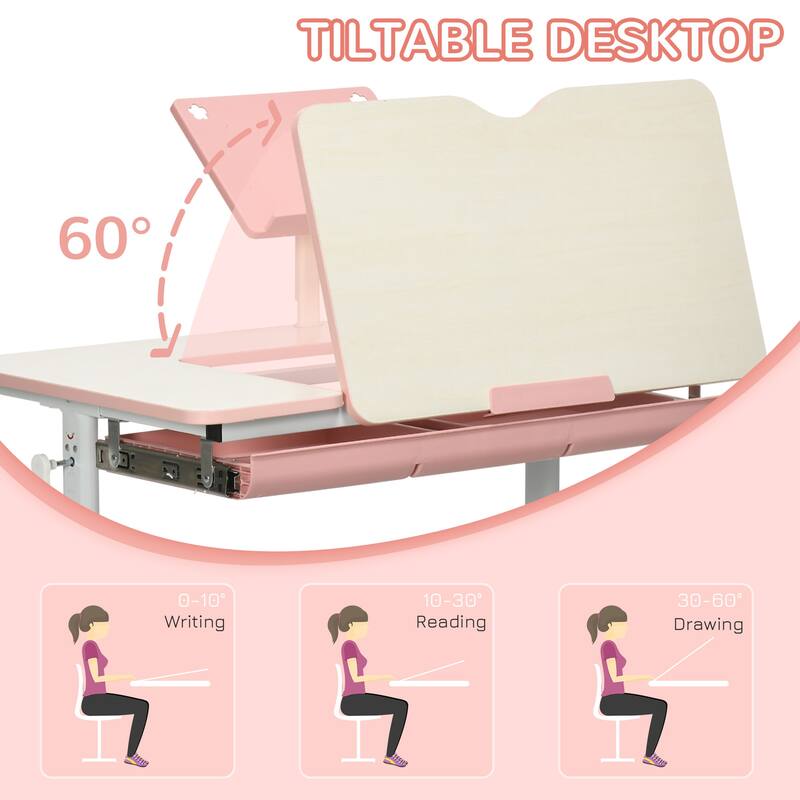 Qaba Kids Desk, Height Adjustable Children School Study Table, Student Writing Desk with Tilt Desktop, Pink