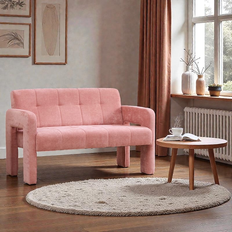Modern Double Armchair Upholstered 2-Seater Sofa with Dual Armrests, Chenille Fabric Compact Couch for Living Room - Pink