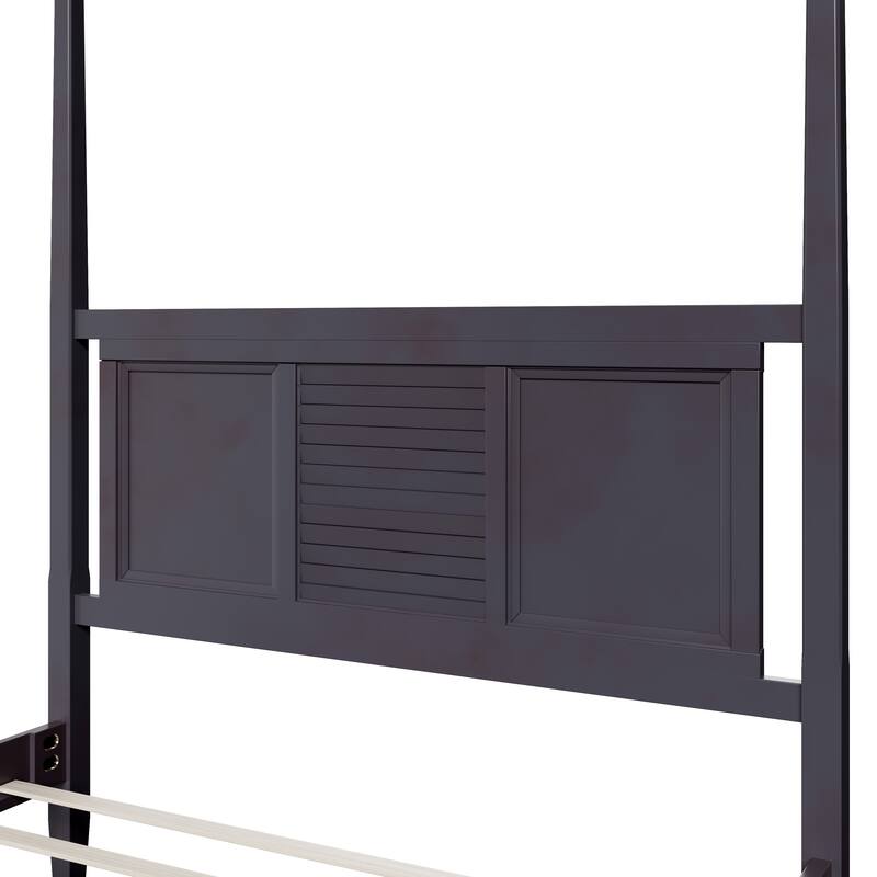 Elegant White Queen Four Poster Bed with Solid Pine Wood, 75" Height and Horizontal Grille Design