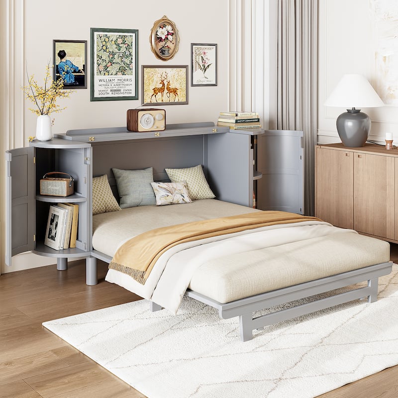 Queen Size Murphy Bed with Hidden Storage, Side Cabinets, and Woven Drawer Design, Space-Saving Foldable Bed - QueenGray - Queen