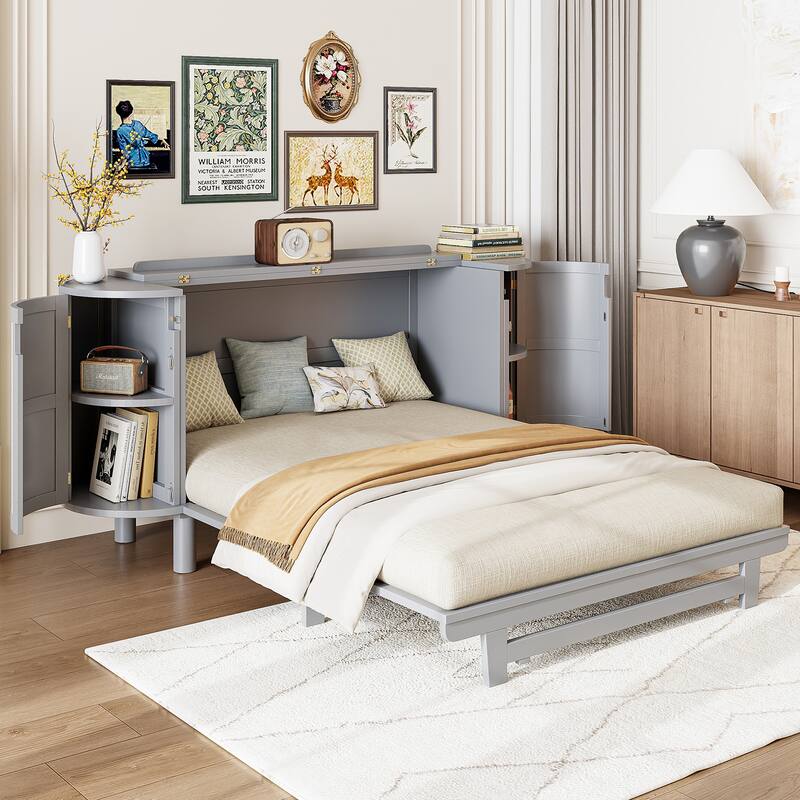 Space-Saving Queen Murphy Bed with Hidden Storage and Modern Woven Design, Gray