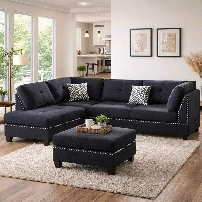 Polyfiber 3 Pieces Sectional Set With Ottoman In Black