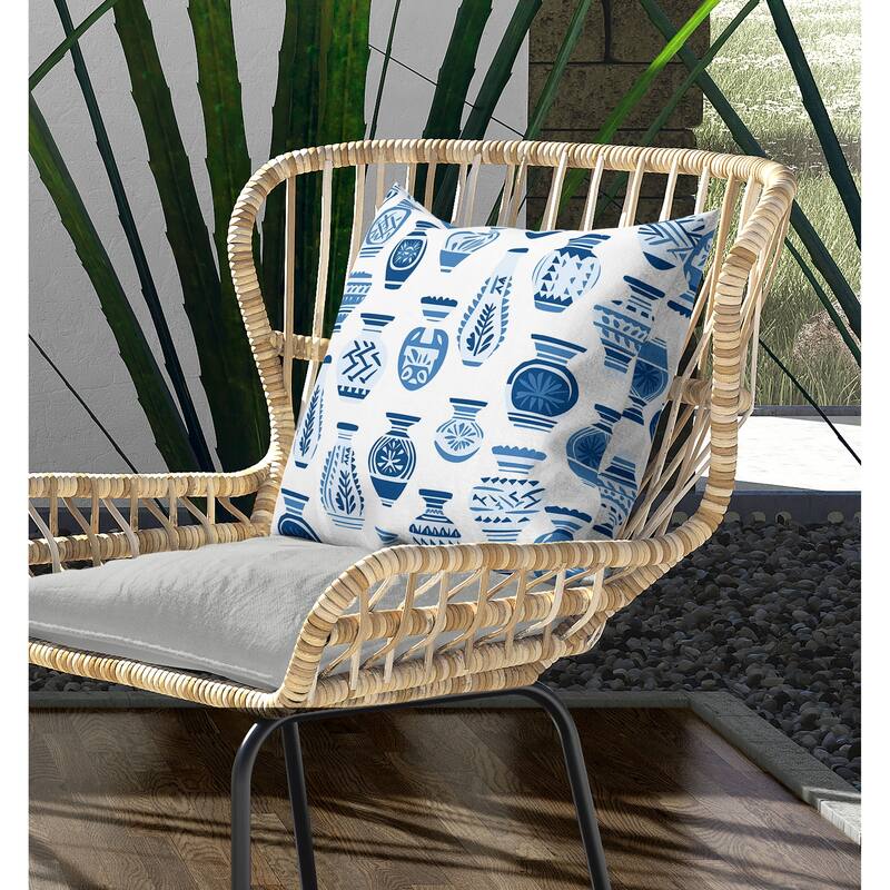 Mystical Pottery Indoor/Outdoor Reversible Throw Pillow White and Blue