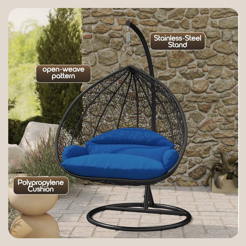2-Person Outdoor Hanging Egg Chair with Teardrop Frame, Weather-Resistant Cotton Cushioned Seat for Patio and Indoor Use