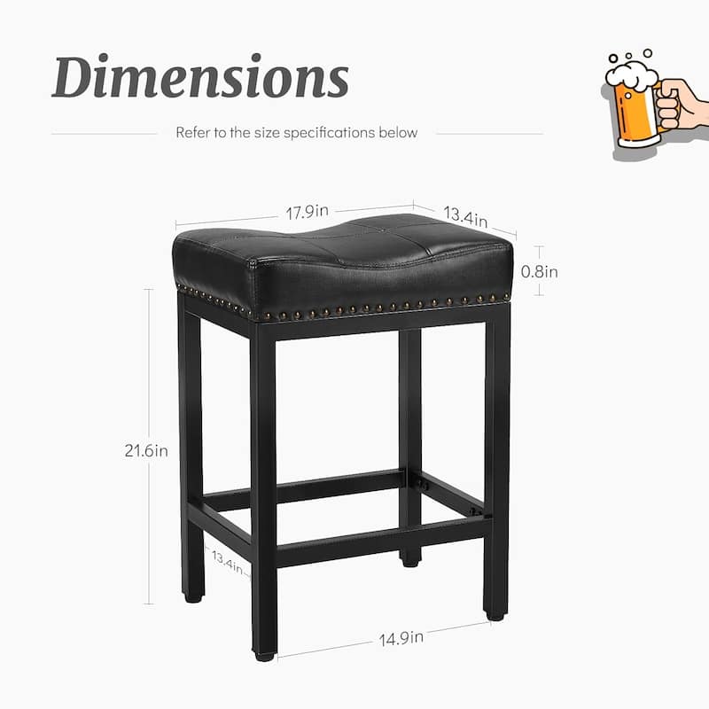 Bar Stools Set of 2, 24 inch Counter Height Saddle Stools, Upholstered Modern Kitchen Barstools with Metal Base, PU Leather