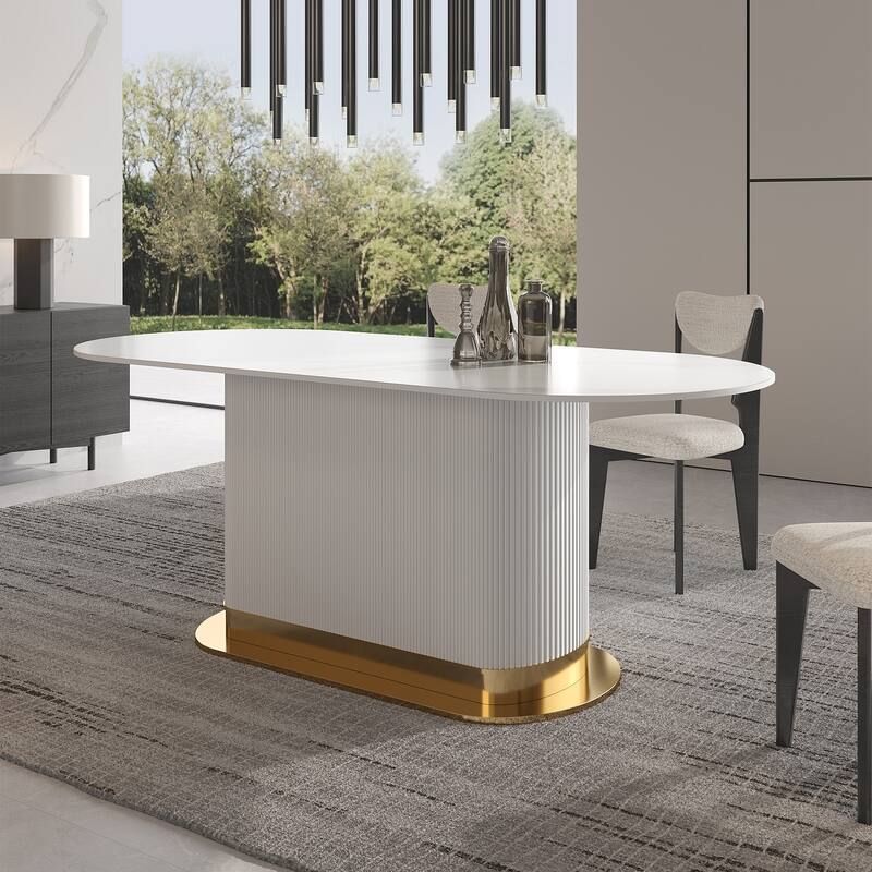 Modern Oval White Snowmass Stone Top Ammonites Leather Titanium Stainless Steel Pedestal Dining Table