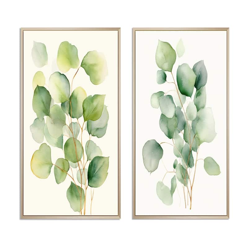 Designart "White Green Minimalism Eucalyptus Essence" Floral Framed Wall Art Set Of 2 - White For Living Room Decor