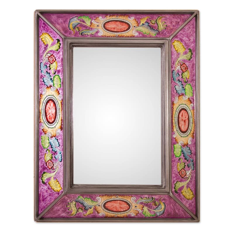 NOVICA Floral Medallions In Purple Reverse-Painted Glass Wall Mirror
