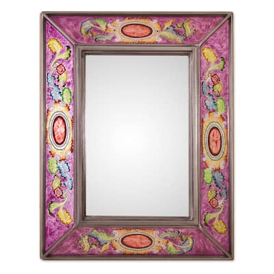 NOVICA Floral Medallions In Purple Reverse-Painted Glass Wall Mirror