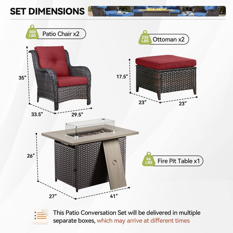 Gymojoy 5-Piece Outdoor Furniture Set, 2 Patio Chairs, 2 Ottomans & 55K BTU Fire Pit Table