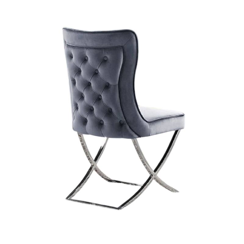 Waden Side Dining Chair Set of 2, Chrome Metal, Gray Button Tufted Velvet