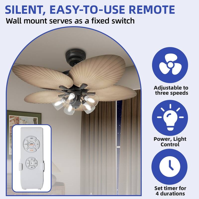 Moasis 52 Inch Tropical Palm Leaf Remote Ceiling Fans with Light and Clear Seeded Glass Light Kit