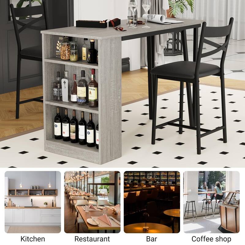 3-Piece 36in Wooden Counter Height Dining Table Set for Kitchen, Bar Table and Chairs