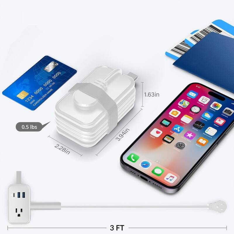 Portable Travel Power Strip with USB Ports 3ft travel extension cord