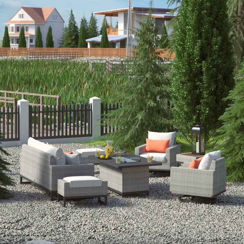 Milo Gray 7 Piece Sunbrella Outdoor Patio Motion Fire Set