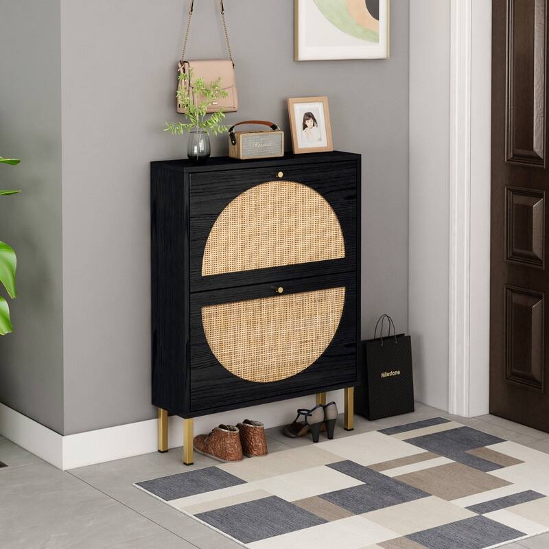 Natural Rattan 2-door Shoe Cabinet Shoe Organizer