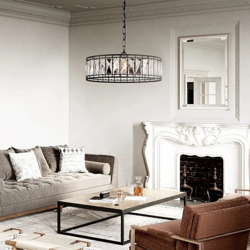 Aulia Mid-Century Modern 3-Light Black Drum Crystal Chandelier for Dining Room - D16"x H 6"