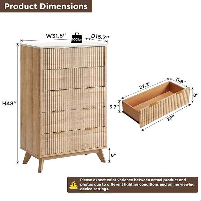 Modern Fluted 5 Drawers Dresser, Chest of Drawers, Dresser TV Stand