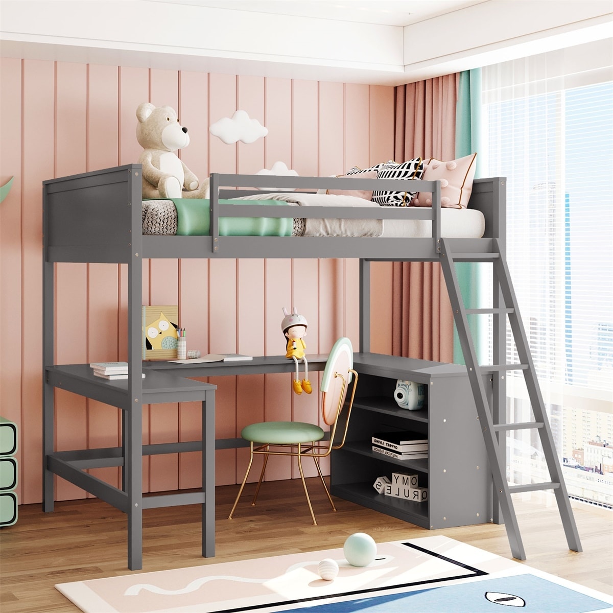 Merax Full Size Loft Bed with Shelves and Desk