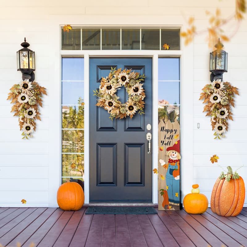 Glitzhome Fall Sunflower Pumpkin Floral Aritificial Garland or Swag Wreath with Free Hanger - Set of 3-Swags & Wreath