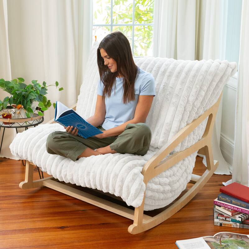 Pillow Saxx Bean Bag Rocking Chair - Elegant Oversized Rocker with Modern Wood Frame - Mauve