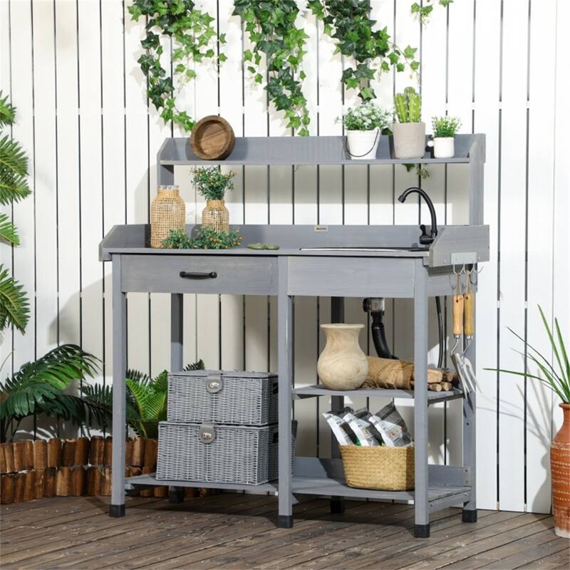 Garden Work Bench with Sink, Faucet, Storage Shelves & Hooks - 45.25" W x 17.75" D x 48.5" H - Grey