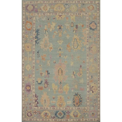 Handmade Wool Oushak Turkish Area Rug, Floral Geometric Carpet - 12' 2'' X 9' 2''