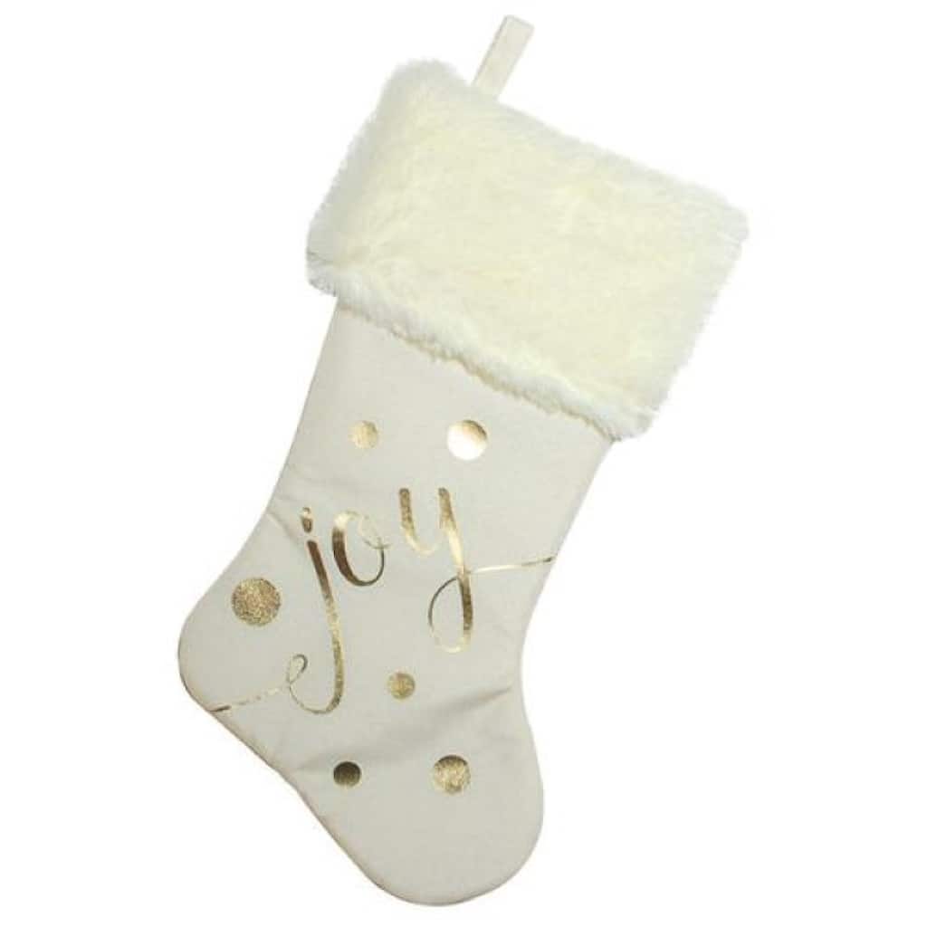 19" Ivory White Gold "Joy" Christmas Stocking w/ White Faux Fur Cuff