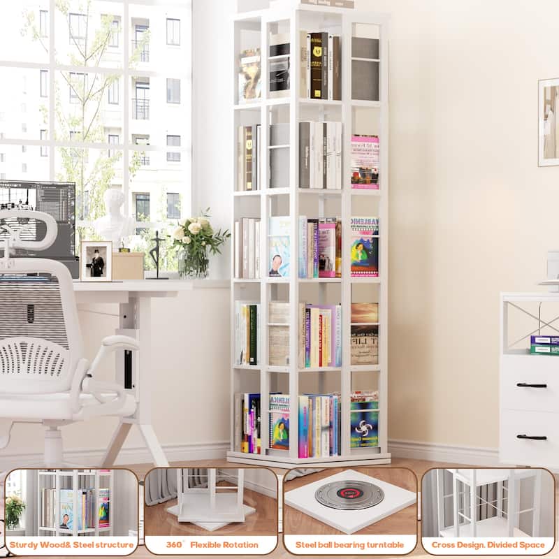 5-Tier Corner Rotating Bookshelf, 360 Display Wood Spinning Bookshelf, Floor Standing Bookcase Organizer Storage Rack