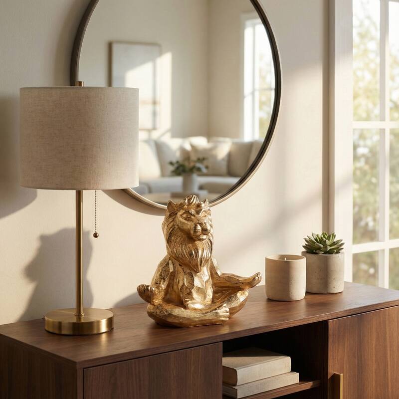 Resin Meditating Lion Figurine Animal Decor - 7" - 7.5" - Gold
