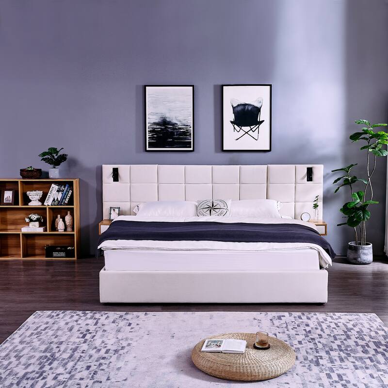 King Size Velvet Upholstered Hydraulic Platform Bed with Storage, Shelves, Reading Lamps, and USB Port