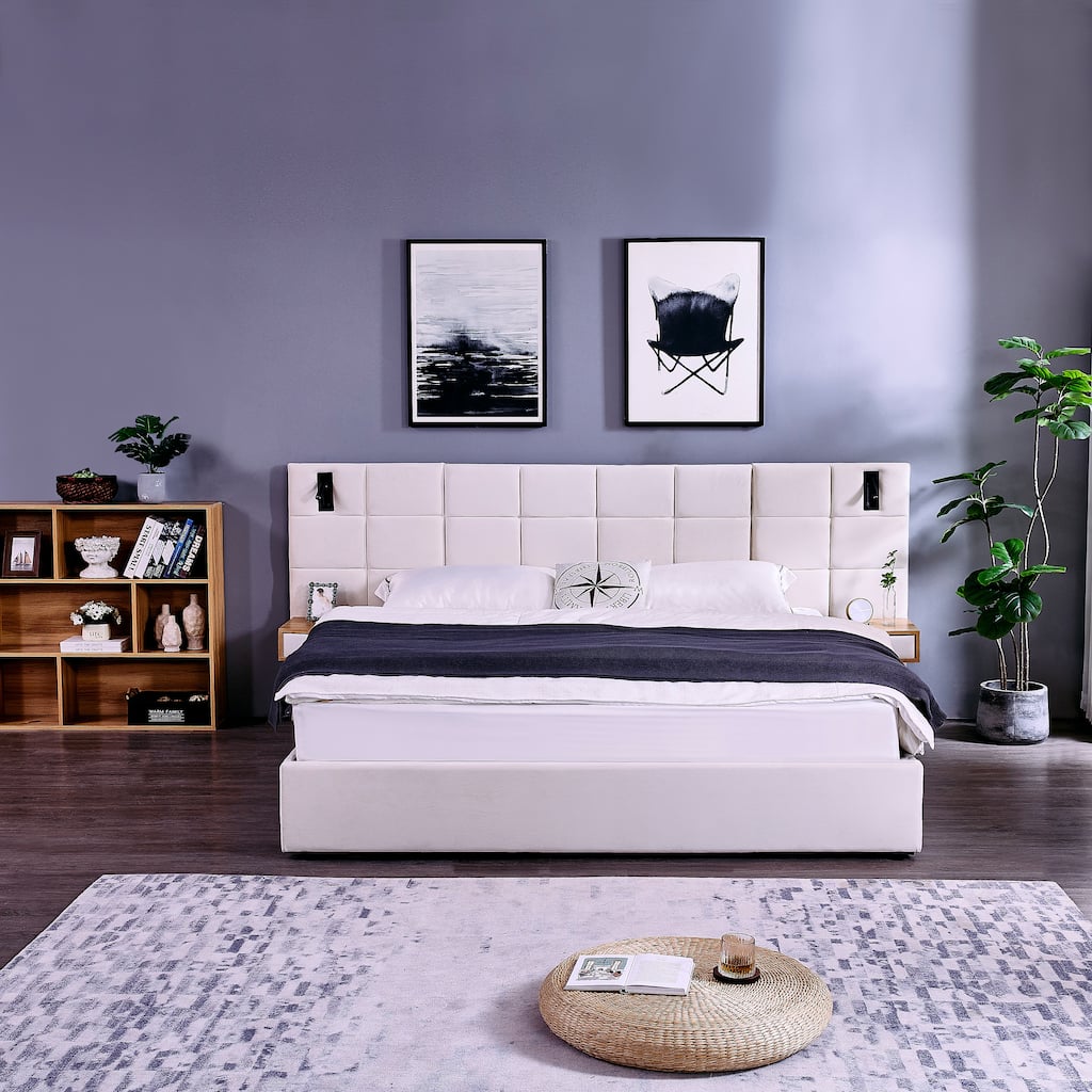 Modern Upholstered Bed King, Hydraulic Storage Platform with USB Ports and Lights, Velvet Bedframe