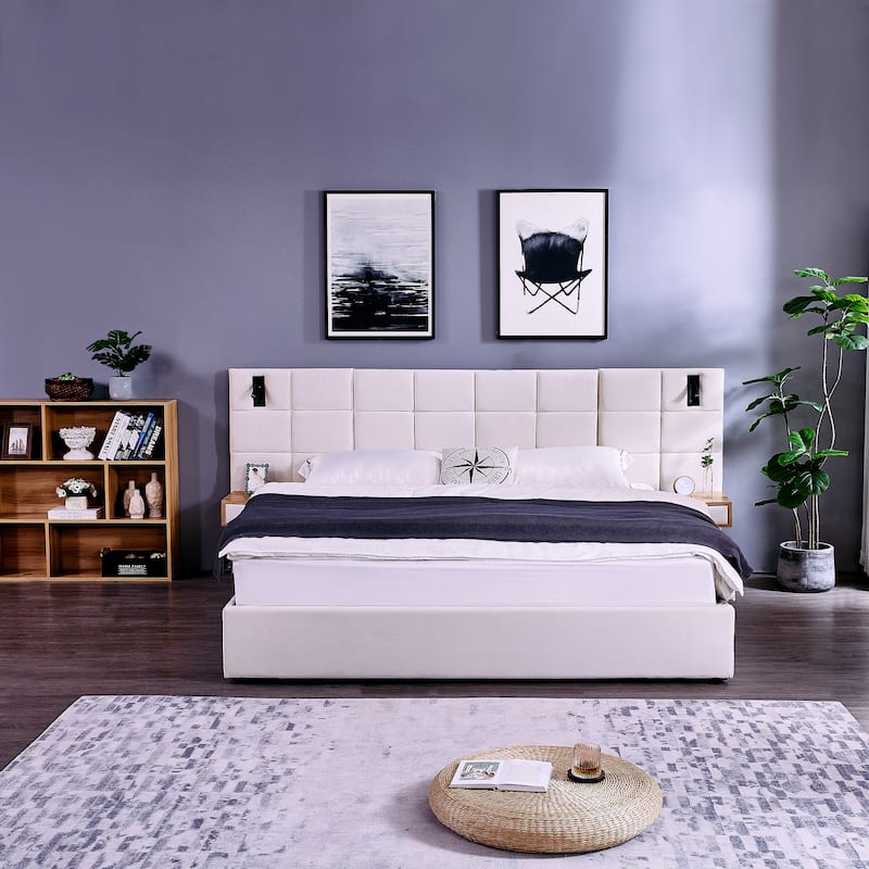 Roomfitters King Size Storage Velvet Hydraulic Platform Bed with Shelves, Reading Lamps and USB Port