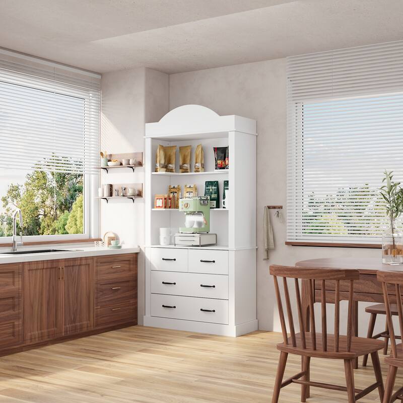Coffee Cabinet with Hutch, Storage Drawers & Open Shelves, Kitchen Hutch Display Cabinet for Coffee Bar Pantry