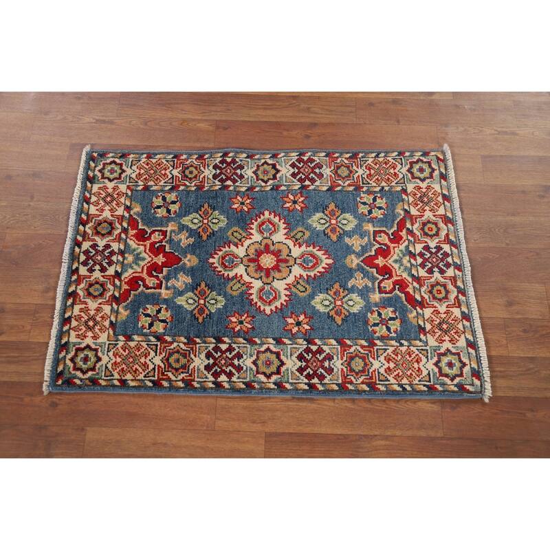 Hand Knotted Oriental 100% Wool Carpet Traditional Geometric Navy Blue & Blues Kazak Area Rug - 2' 11'' X 1' 11''