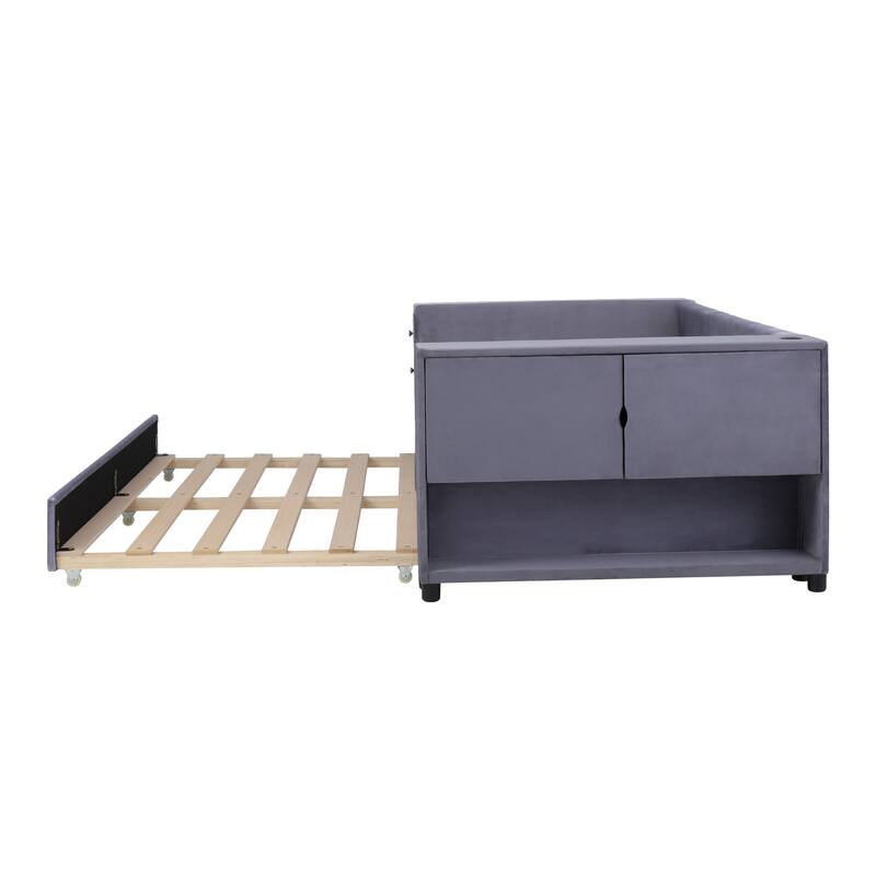 Twin Velvet Upholstered Platform Bed with Trundle, USB Charging, Storage Drawers, Beige/Gray