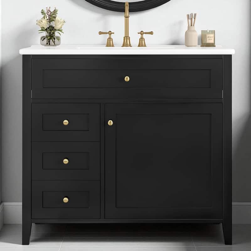 36-Inch Bathroom Vanity with Sink, MDF and Solid Wood Cabinet, 3 Drawers and Adjustable Shelf, Freestanding Design - Black