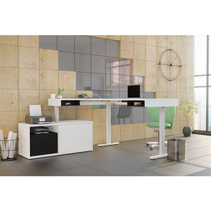 Bestar Pro-Vega 81W L-Shaped Standing Desk with Credenza - White