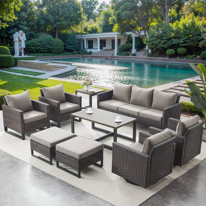 9 Pieces Patio Sofa, Swivel Chair, Club Chair Table Set - Brown - Grey