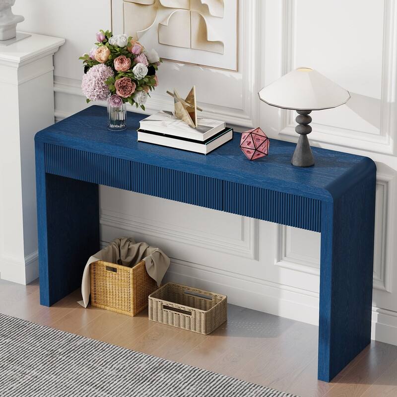 Rustic Console Table with 3 Fluted Drawers - Solid Wood Veneer Entryway Table Featuring Natural Wood Grain for Living Room