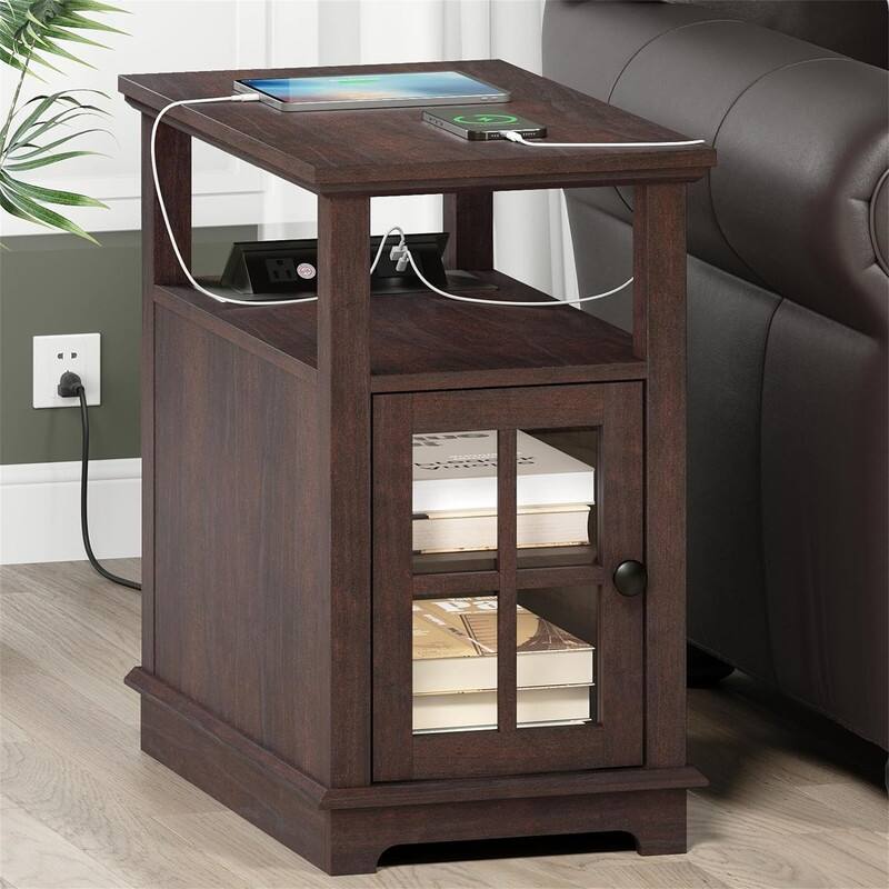 End Table with Hidden Charging Station - 23.6"D x 14"W x 23.6"H - Espresso