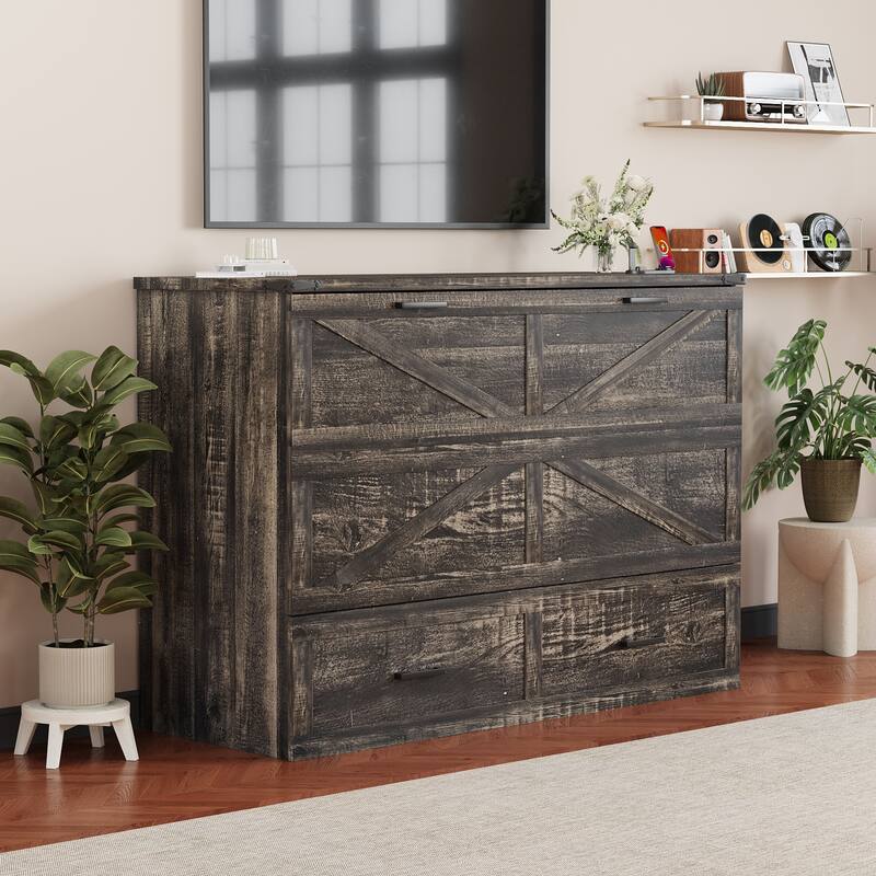 Queen Murphy Bed with Charging Station & Large Storage Drawer, Farmhouse Cabinet Hideaway Bed for Guest Room