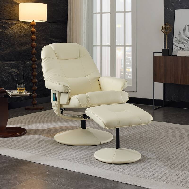 Massage Recliner Chair with Ottoman, 360° Swivel PU Leather Reclining Chair with Wrapped Base, 5 Point Vibration Massag