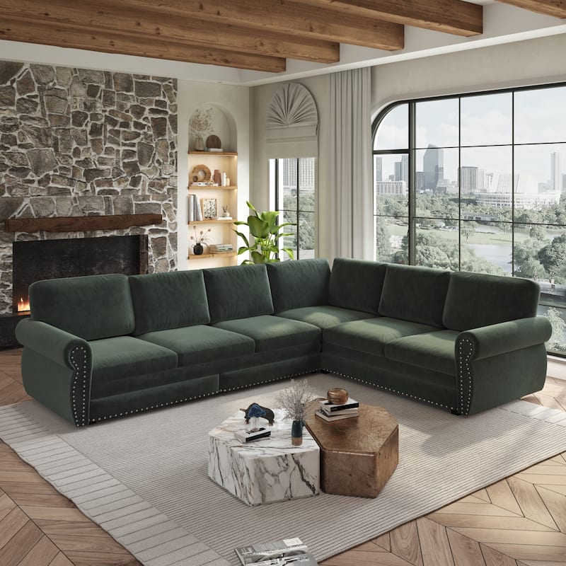 118" L-Shaped Sofa Couch with Pull-Out Bed with Nailhead Trim & Rolled Arm - 118"L x 86.6"W x 36.3"H - Green