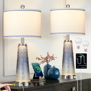 Set of 2 Vintage White Resin Table Lamps with USB & Type-C Charging Ports, 29" - 12'' x 12'' x 26'' (L x W x H)