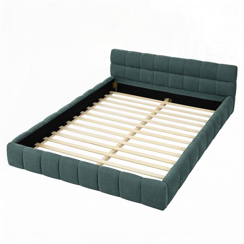 Chenille Fabric Grounded Queen Size Platform Bed with Headboard and Solid Frame