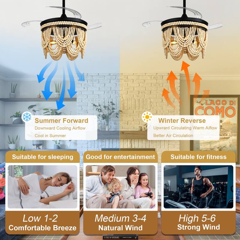 Cusp Barn 42" Retractable Ceiling Fan with Light, Farmhouse Wooden Bead Chandelier, Quiet DC Motor 6 Speeds Bohemian Ceiling Fan